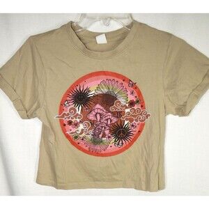 Vibe N Women's Tan Mushroom Floral Butterfly Cropped Cotton Tee XS